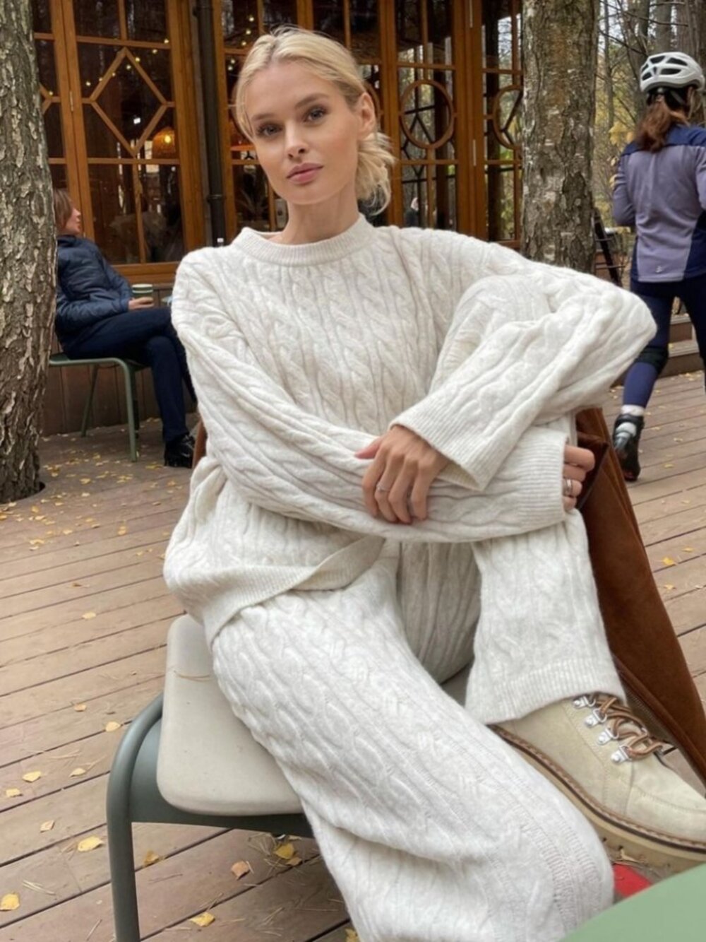 H&M Cable Knit Lounge Sweater And Pants Cream